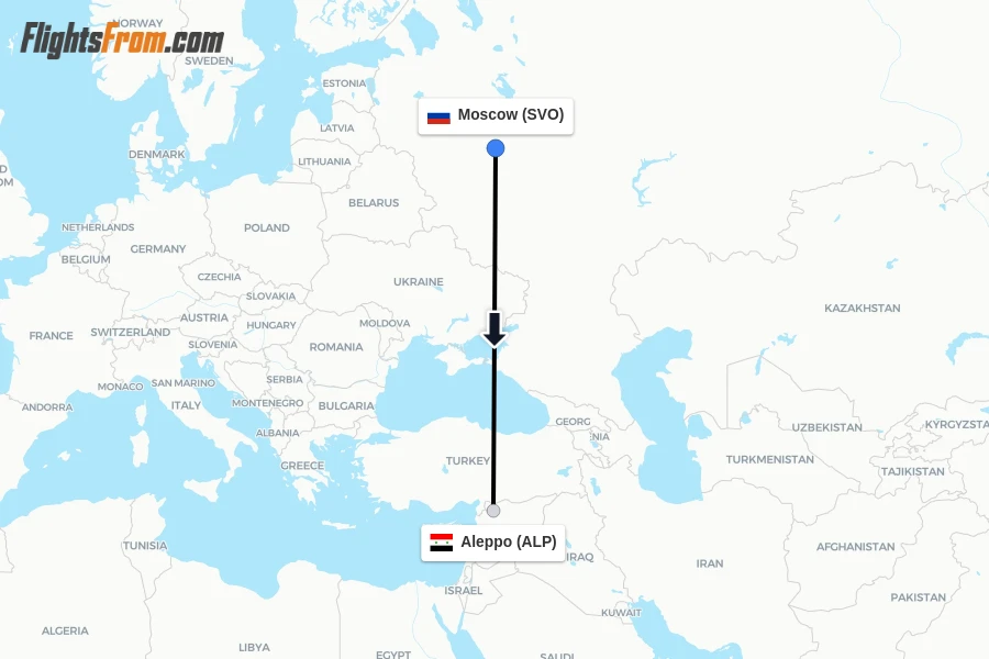 Flights from Moscow to Aleppo route map