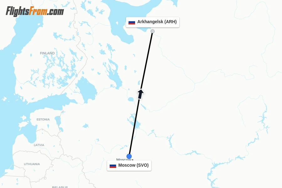 Flights from Moscow to Arkhangelsk route map