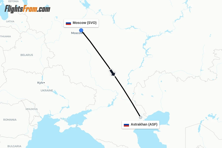 Flights from Moscow to Astrakhan route map