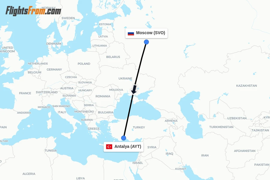Flights from Moscow to Antalya route map