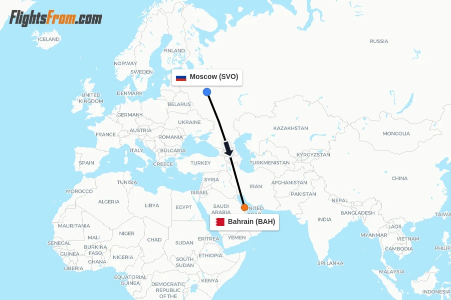Flights from Moscow to Bahrain route map