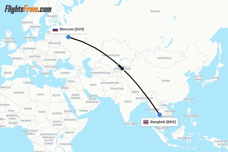 Flights from Moscow to Bangkok route map