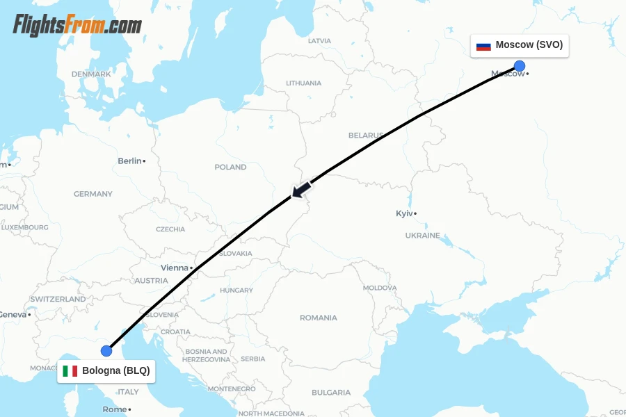 Flights from Moscow to Bologna route map