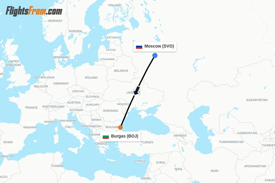 Flights from Moscow to Burgas route map