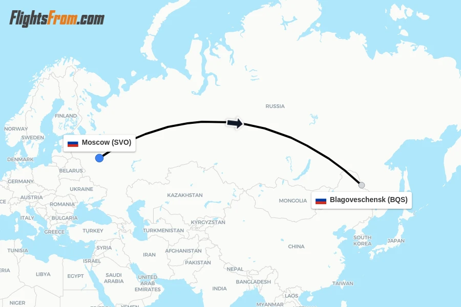 Flights from Moscow to Blagoveschensk route map