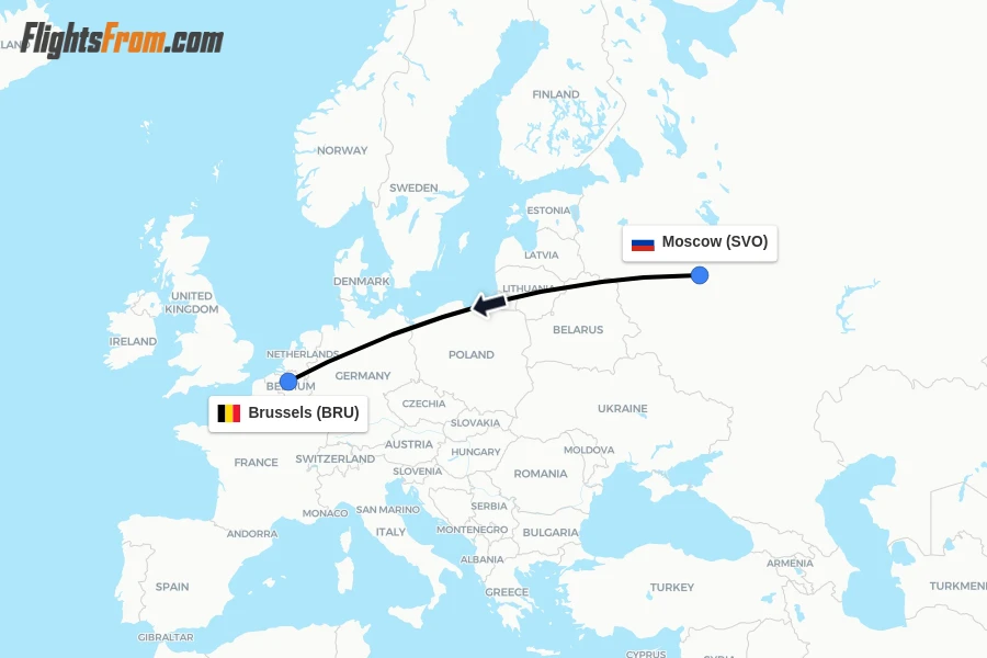 Flights from Moscow to Brussels route map
