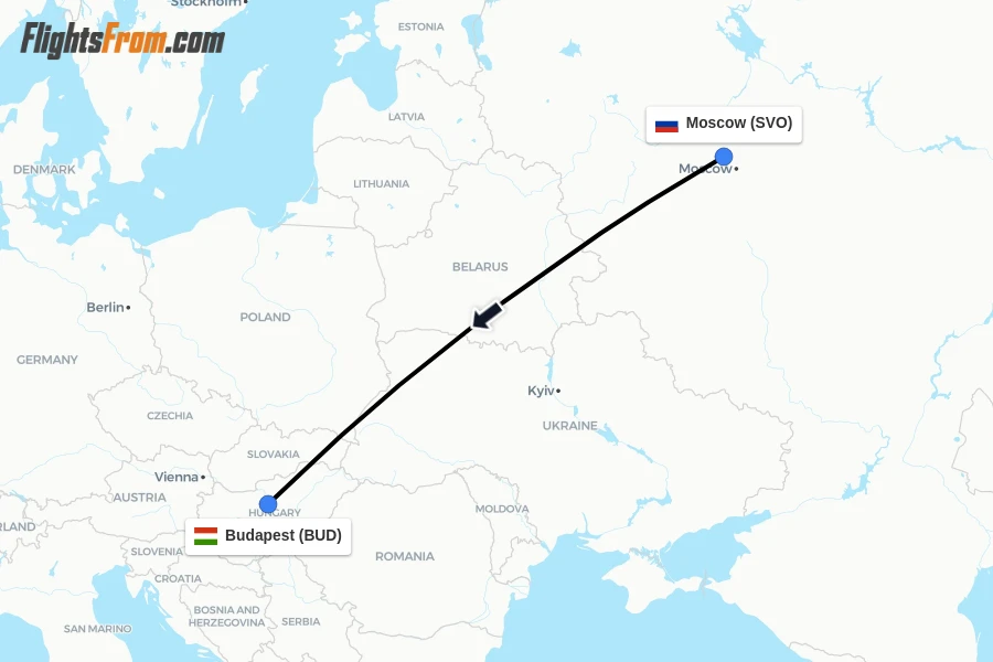 Flights from Moscow to Budapest route map