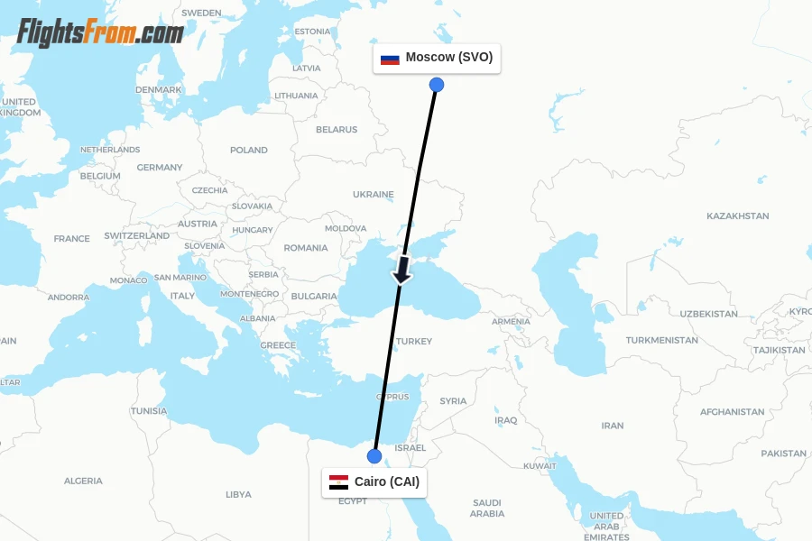 Flights from Moscow to Cairo route map