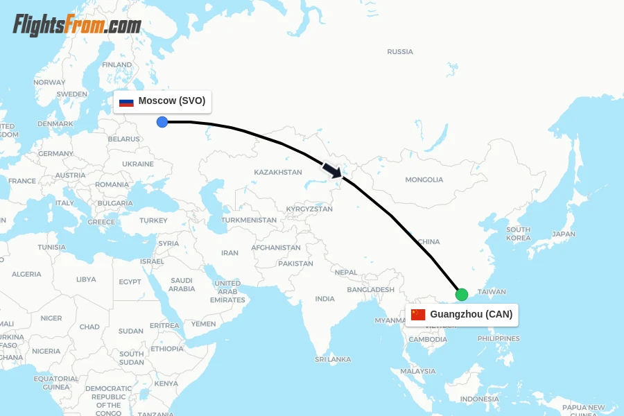 Flights from Moscow to Guangzhou route map