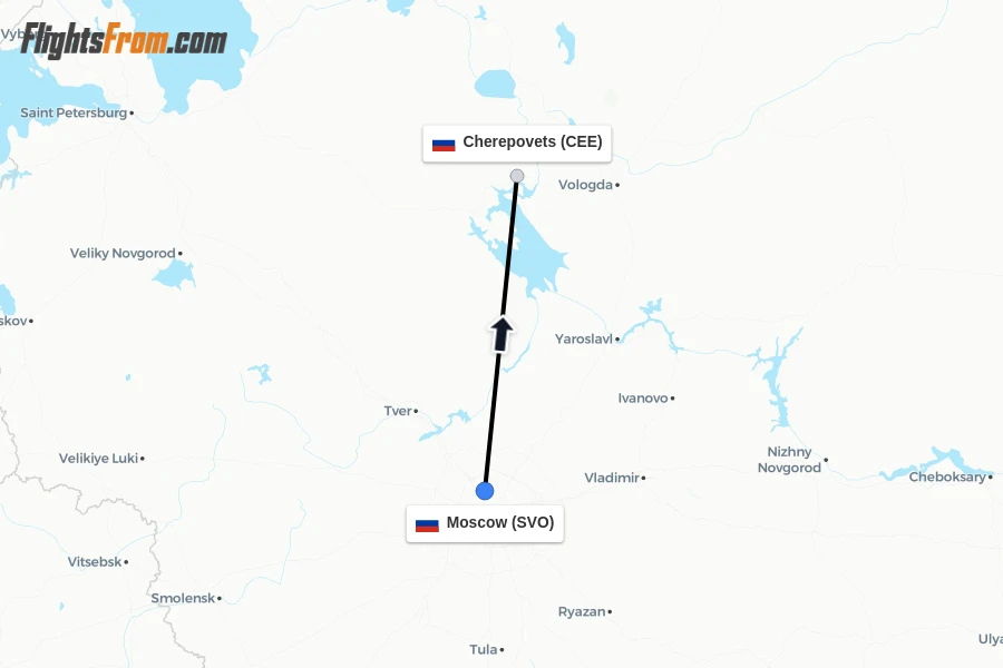 Flights from Moscow to Cherepovets route map