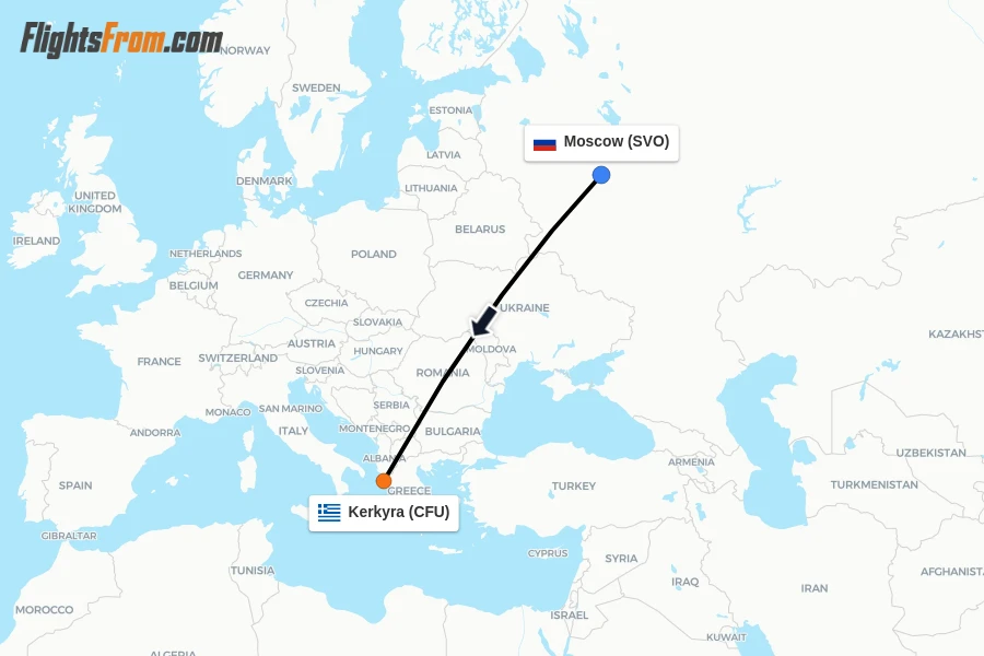 Flights from Moscow to Kerkyra route map