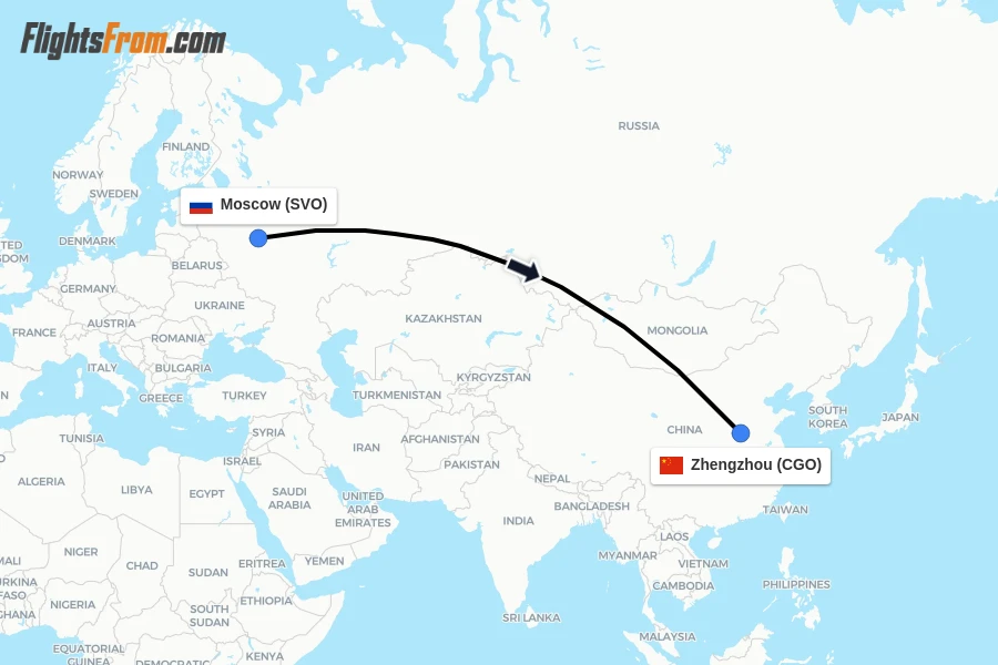 Flights from Moscow to Zhengzhou route map