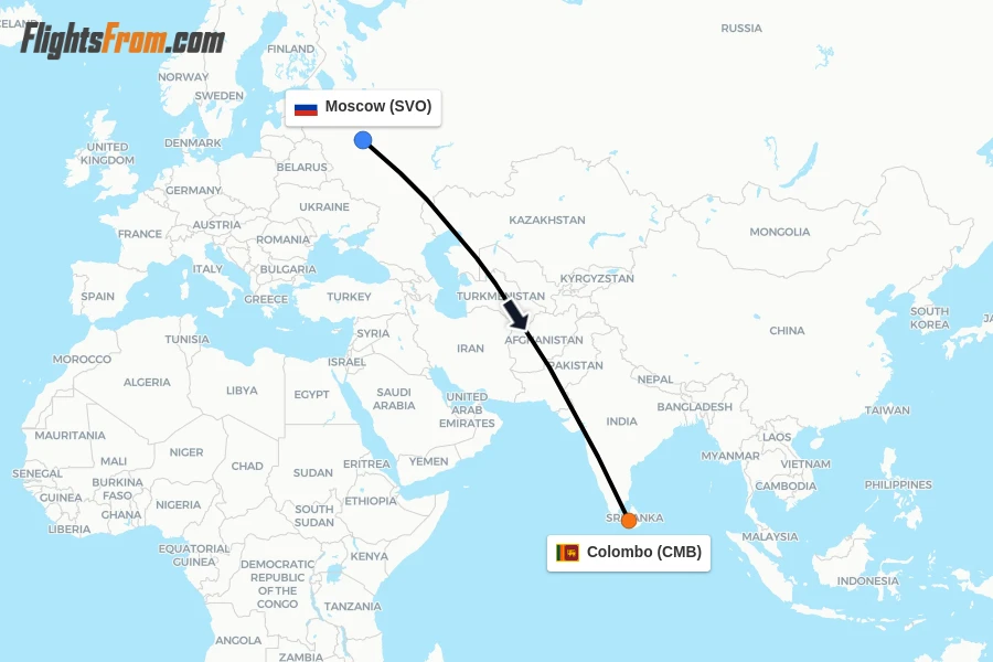 Flights from Moscow to Colombo route map