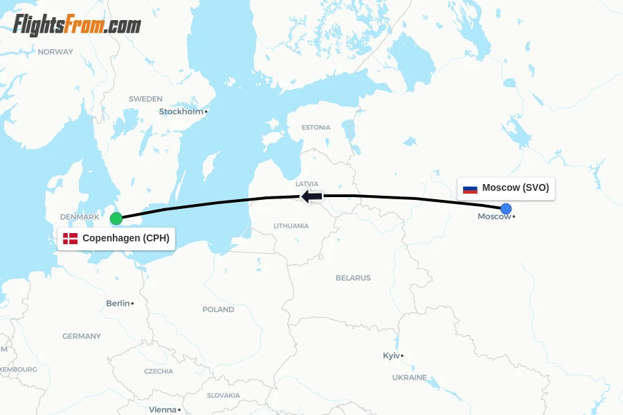 Flights from Moscow to Copenhagen route map