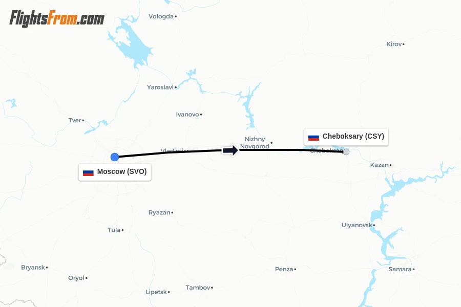 Flights from Moscow to Cheboksary route map
