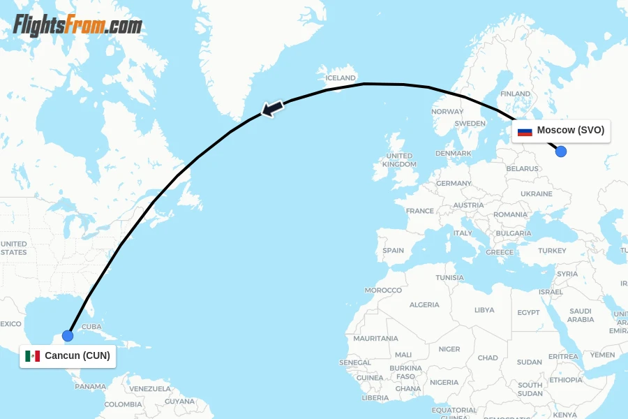 Flights from Moscow to Cancun route map