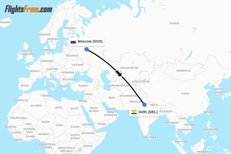 Flights from Moscow to Delhi route map