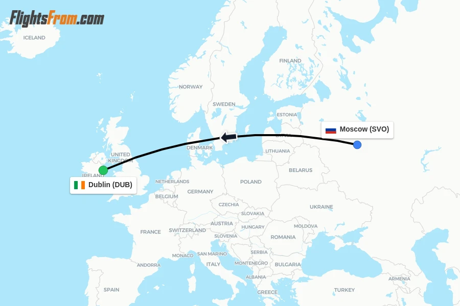 Flights from Moscow to Dublin route map