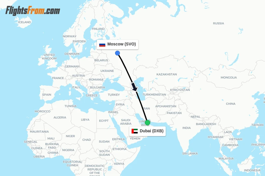 Flights from Moscow to Dubai route map