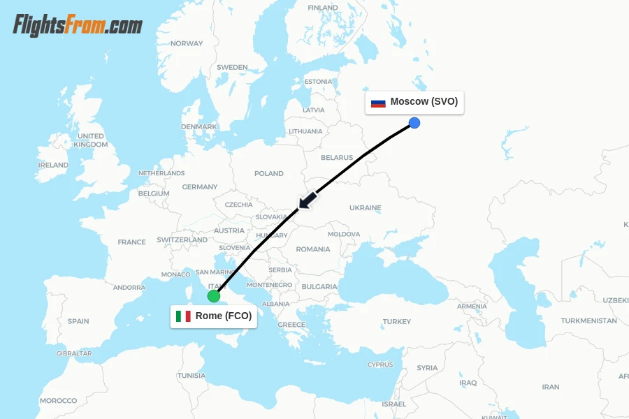 Flights from Moscow to Rome route map