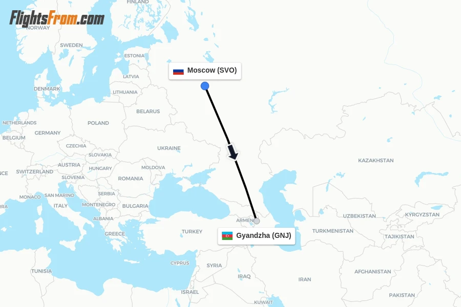 Flights from Moscow to Gyandzha route map