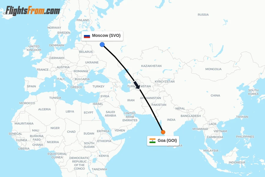 Flights from Moscow to Goa route map