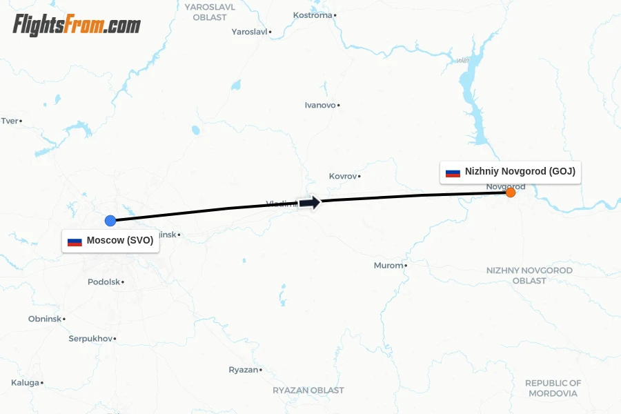 Flights from Moscow to Nizhniy Novgorod route map