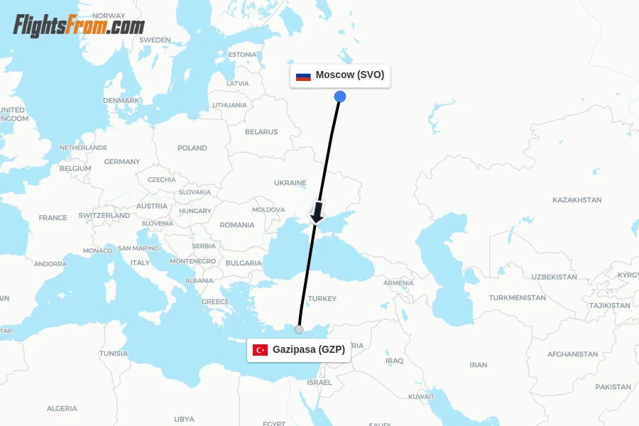 Flights from Moscow to Gazipasa route map