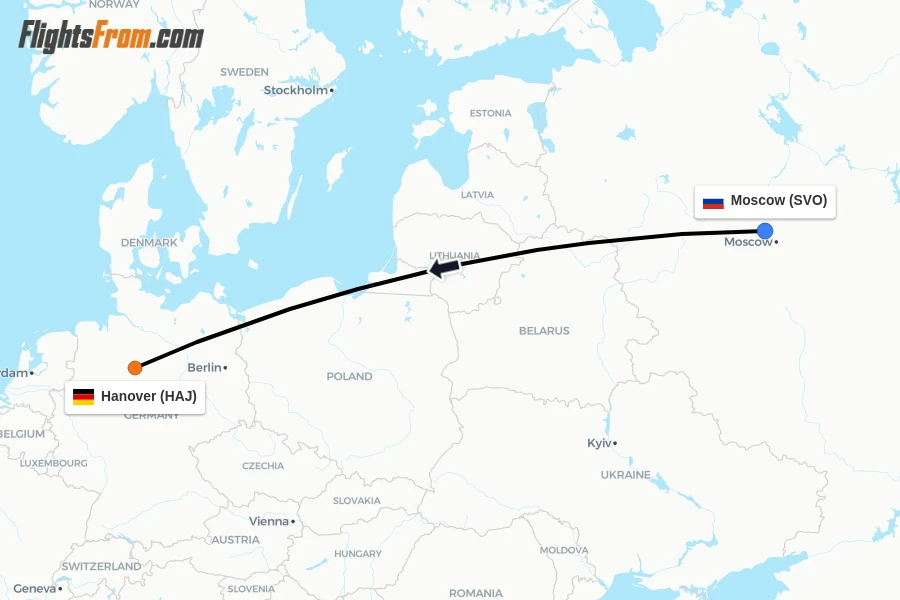 Flights from Moscow to Hanover route map