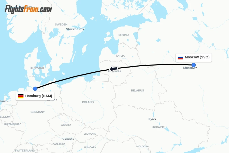 Flights from Moscow to Hamburg route map