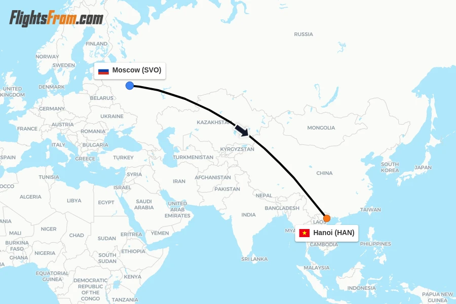 Flights from Moscow to Hanoi route map