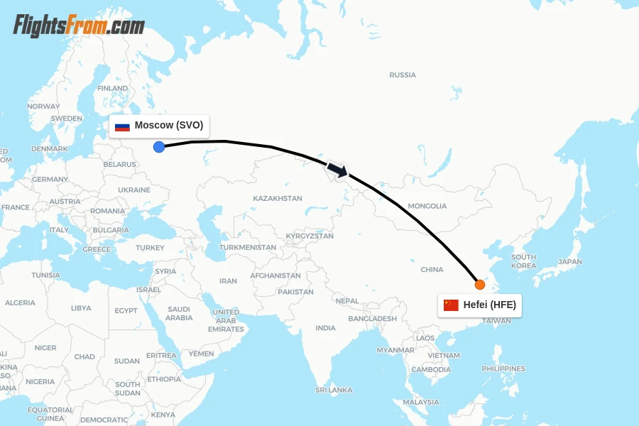 Flights from Moscow to Hefei route map