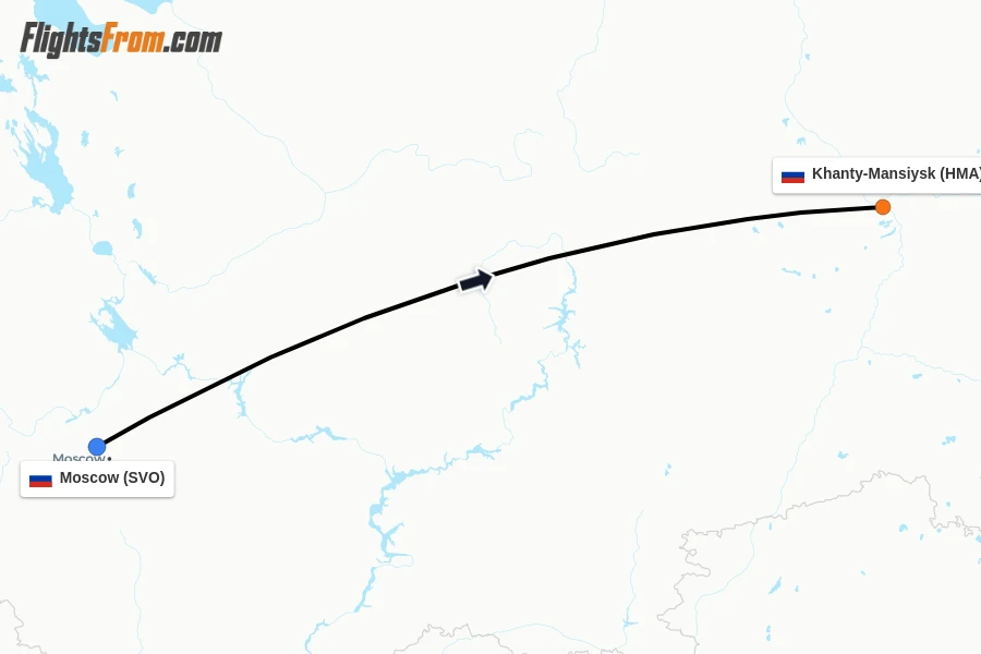 Flights from Moscow to Khanty-Mansiysk route map