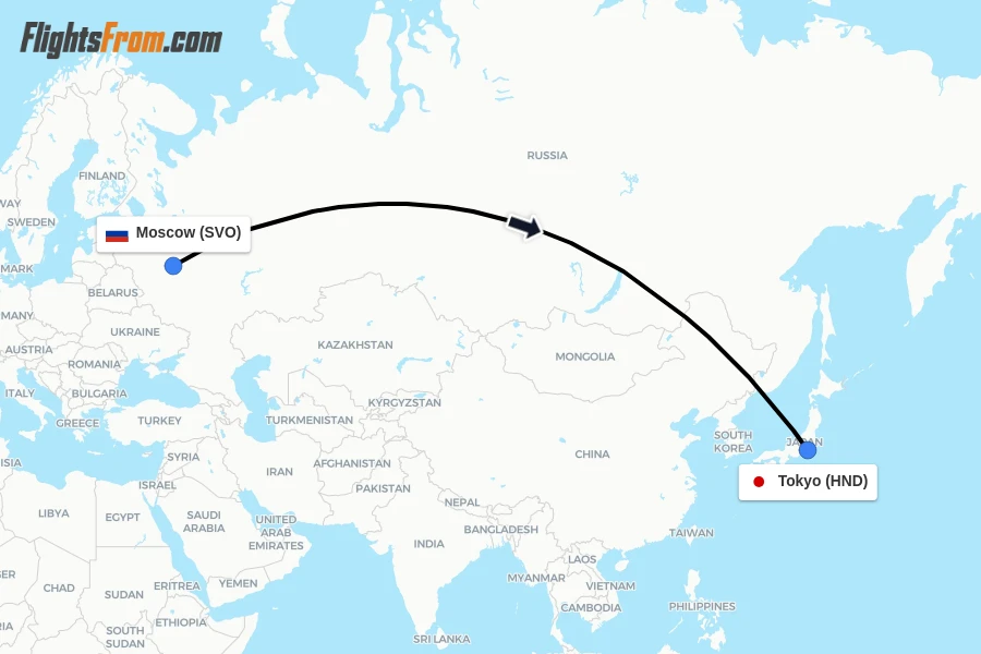 Flights from Moscow to Tokyo route map