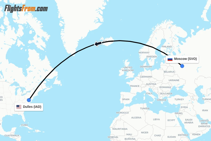 Flights from Moscow to Dulles route map