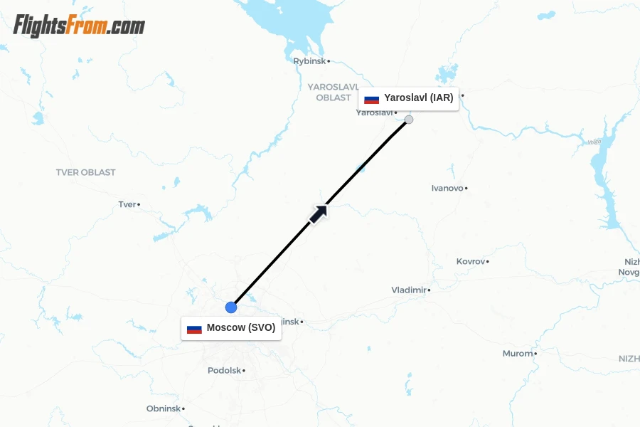 Flights from Moscow to Yaroslavl route map