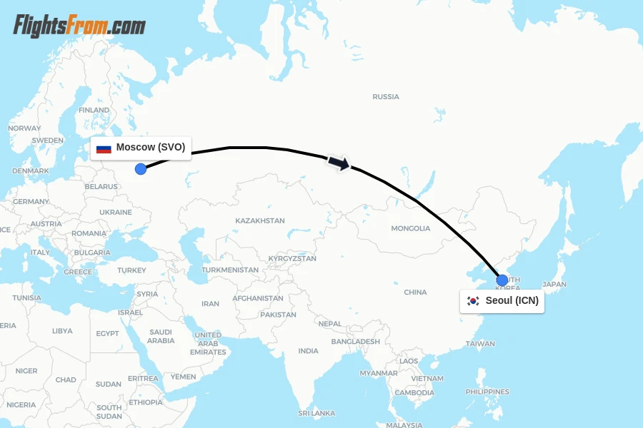 Flights from Moscow to Seoul route map