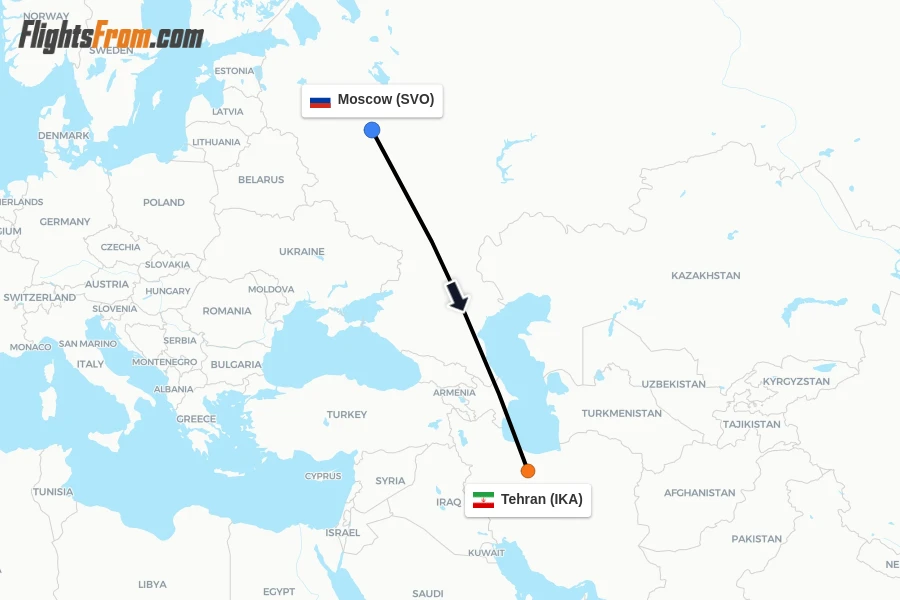 Flights from Moscow to Tehran route map