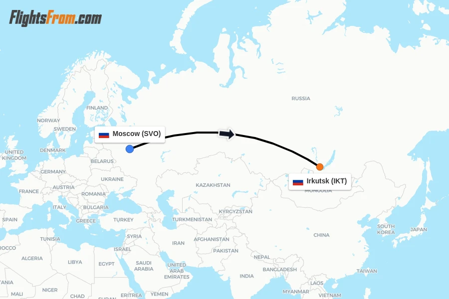 Flights from Moscow to Irkutsk route map