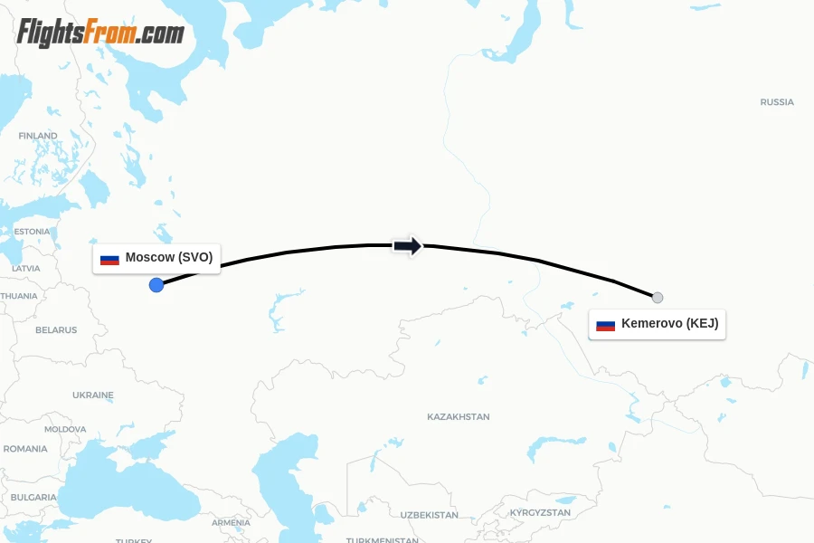 Flights from Moscow to Kemerovo route map