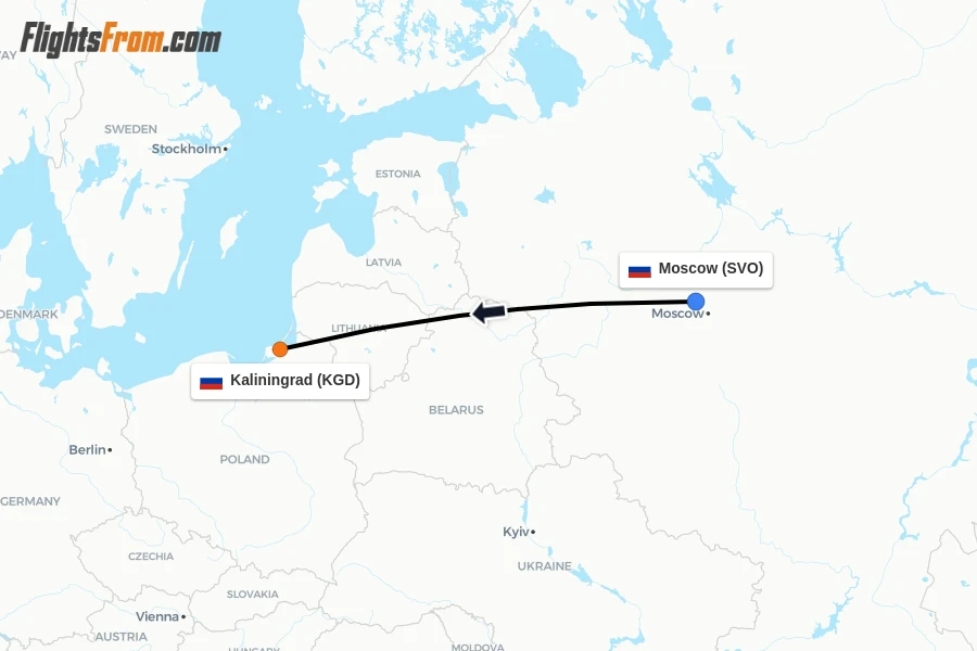 Flights from Moscow to Kaliningrad route map