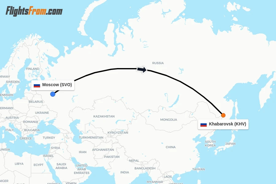 Flights from Moscow to Khabarovsk route map