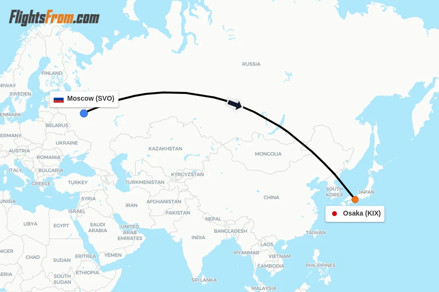 Flights from Moscow to Osaka route map