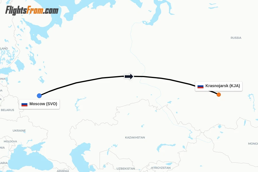 Flights from Moscow to Krasnojarsk route map