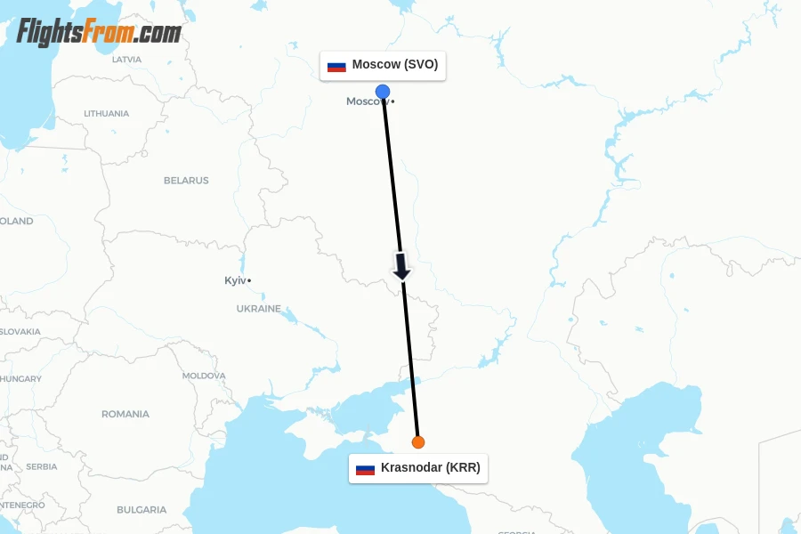Flights from Moscow to Krasnodar route map