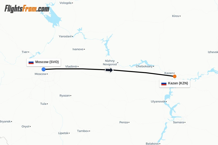 Flights from Moscow to Kazan route map