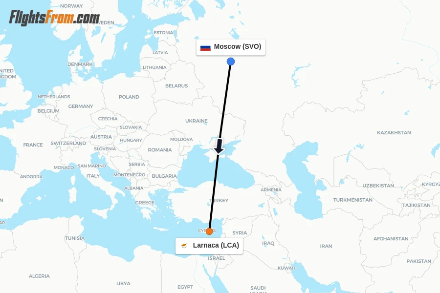 Flights from Moscow to Larnaca route map