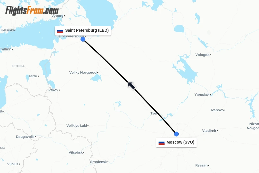 Flights from Moscow to Saint Petersburg route map