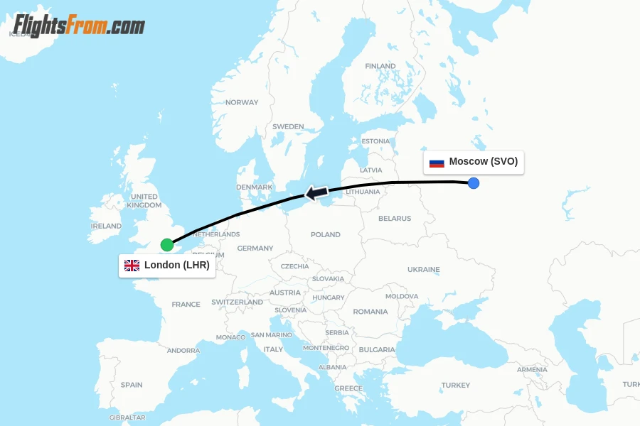 Flights from Moscow to London route map