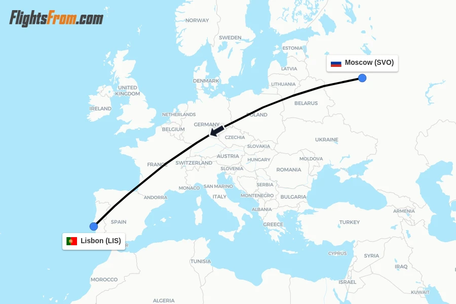 Flights from Moscow to Lisbon route map